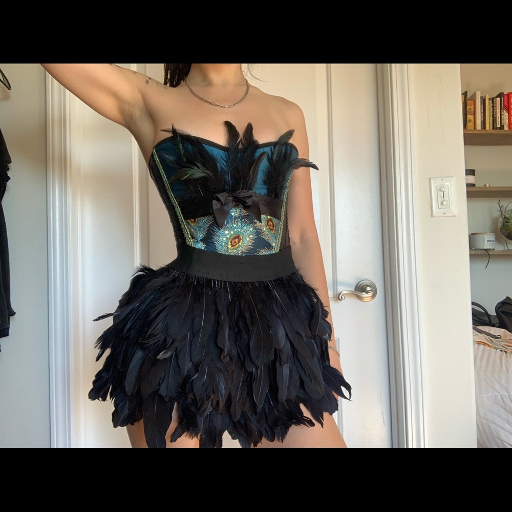 Feather corset costume 2 piece set peacock